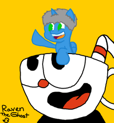 Size: 333x357 | Tagged: safe, artist:raventheghost, oc, oc:raven blake, crossover, cuphead, cuphead (character), cute, digital art, simple background, yellow background