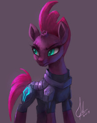 Size: 792x1000 | Tagged: safe, artist:grissaecrim, tempest shadow, pony, unicorn, g4, my little pony: the movie, armor, broken horn, colored pupils, eye scar, female, gray background, horn, mare, scar, signature, simple background, solo