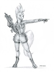 Size: 1100x1461 | Tagged: safe, artist:baron engel, tempest shadow, unicorn, anthro, unguligrade anthro, g4, my little pony: the movie, breasts, broken horn, eye scar, female, grayscale, gun, horn, monochrome, pencil drawing, rifle, scar, simple background, sketch, solo, tar-21, tavor, traditional art, trigger discipline, weapon, white background