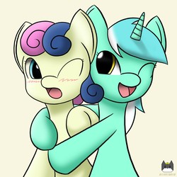 Size: 1280x1280 | Tagged: safe, artist:fatherkarn, bon bon, lyra heartstrings, sweetie drops, earth pony, pony, unicorn, g4, blushing, female, hug, lesbian, looking at each other, one eye closed, ship:lyrabon, shipping, simple background, smiling, wink, yellow background