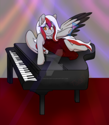 Size: 1024x1170 | Tagged: dead source, safe, artist:twisted-sketch, oc, oc only, oc:royal flush, con, hrpc, mascot, musical instrument, piano, vegas, watermark