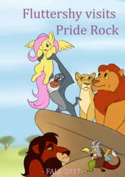 Size: 1191x1684 | Tagged: safe, artist:0oneverfearo0, discord, fluttershy, pony, g4, circle of life, crossover, fanart mashup challenge, movie poster, mufasa, pride rock, rafiki, sarabi, scar (the lion king), the lion king