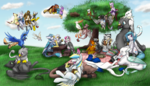 Size: 5760x3300 | Tagged: absurd res, artist:xeirla, avian, bird, commission, cute, digital art, father and daughter, feather, female, flock, fluffy, food, griffon, griffonized, group, group shot, hippogriff, hippogryph, male, micro, oc, oc:amber wing, oc:avorin, oc:azrien, oc:blitz, oc:caedis animus, oc:carlamay, oc:cherry feather, oc:cirrus, oc:crow, oc:delta dart, oc:der, oc:floofy, oc:gallagher, oc:gary, oc:gyro feather, oc:gyro tech, oc:harpy, oc:ice, oc:justin, oc:kali, oc:m, oc:muse, oc:nivatus, oc only, oc:portalhunter, oc:rur, oc:saewin, oc:sage, oc:svenno, oc:tril, oc:warren, oc:xeirla, original species, outdoors, picnic, safe, species swap, sunflower seeds, talons, wall of purple, zebragriff, zerb