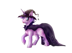 Size: 3358x2500 | Tagged: safe, alternate version, artist:artoffel-kartoffel, oc, oc only, oc:quartz horn, crystal pony, pony, spider, unicorn, cape, clothes, female, filly, hat, high res, nightmare night, simple background, solo, tongue out, transparent background, witch, witch hat