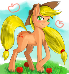 Size: 1123x1200 | Tagged: safe, artist:汚自慰, applejack, g4, apple, crossed hooves, female, food, looking at you, solo