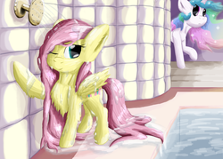 Size: 6562x4711 | Tagged: safe, artist:firefanatic, fluttershy, princess celestia, g4, absurd resolution, fluffy, shower, smiling, swimming pool, wet mane