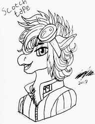 Size: 2577x3375 | Tagged: safe, artist:brainiac, oc, oc only, oc:scotch tape, earth pony, pony, fallout equestria, fallout equestria: project horizons, black and white, bust, chest fluff, clothes, female, filly, floppy ears, goggles, grayscale, high res, inktober, inktober 2017, mare, monochrome, solo, traditional art