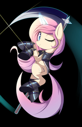 Size: 825x1275 | Tagged: safe, artist:kawaiipony2, oc, oc only, pony, unicorn, armor, commission, female, looking at you, mare, one eye closed, scythe, smiling, solo, wink