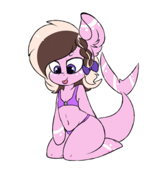 Size: 1431x1500 | Tagged: safe, artist:ashee, oc, oc only, oc:ashee, original species, pony, shark, shark pony, semi-anthro, belly button, bikini, bra, bra on pony, clothes, ear fluff, female, sitting, solo, swimsuit, tongue out