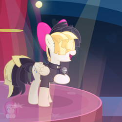 Size: 2538x2533 | Tagged: safe, alternate version, artist:comfydove, songbird serenade, pegasus, pony, g4, my little pony: the movie, bow, clothes, female, hair bow, high res, hoof hold, indoors, lights, mare, microphone, open mouth, signature, singing, solo, stage, standing