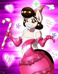 Size: 1024x1310 | Tagged: safe, artist:ramoncrimson935, oc, oc only, oc:console command, anthro, anthro oc, baroness von bon bon, candy, candy cane, clothes, crossdressing, cuphead, dress, food, grin, male, pointing, smiling, solo, stallion