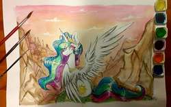 Size: 1803x1127 | Tagged: safe, artist:woonborg, princess celestia, g4, cheek fluff, chest fluff, cloud, ear fluff, female, fluffy, jewelry, looking at you, mountain, outdoors, paintbrush, regalia, signature, sitting, sky, smiling, solo, spread wings, traditional art, watercolor painting, wings