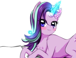 Size: 2611x1993 | Tagged: safe, artist:shadowfaxxx, starlight glimmer, pony, g4, close-up, explicit source, female, flower, flower in hair, glowing horn, horn, mare, preview, smiling, solo, teaser
