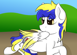 Size: 3496x2480 | Tagged: safe, artist:jubyskylines, oc, oc only, oc:juby skylines, pegasus, pony, chest fluff, colored wings, colored wingtips, crossed hooves, high res, lying down, male, preening, solo, stallion