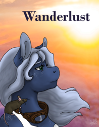 Size: 1000x1277 | Tagged: safe, artist:polar puff, oc, oc only, oc:blue yonder, oc:ulysses, mouse, pegasus, anthro, fanfic:wanderlust, cloud, cover image, fanfic, fanfic art, fanfic cover, freckles, goggles, pet, sunset