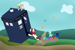 Size: 3000x2000 | Tagged: safe, artist:jadedpuzzle, derpy hooves, lyra heartstrings, roseluck, pony, g4, angry mob, crossover, doctor who, fanart mashup challenge, high res, mob, tardis