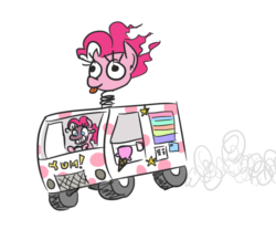 Size: 578x502 | Tagged: safe, artist:jargon scott, pinkie pie, earth pony, pony, g4, driving, female, ice cream truck, mask, simple background, solo, sweet tooth (twisted metal), tongue out, twisted metal, white background