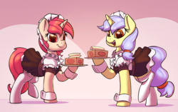 Size: 1900x1191 | Tagged: safe, artist:ponegranate, oc, oc only, oc:poppy seed, oc:viewing pleasure, pony, unicorn, clothes, cufflinks, cuffs (clothes), duo, female, looking at you, maid, mare, socks, stockings, thigh highs, tissue, tissue box