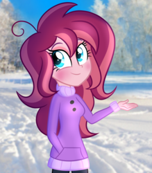 Size: 785x897 | Tagged: dead source, safe, artist:wubcakeva, oc, oc only, oc:contralto, equestria girls, g4, clothes, coat, cute, disguised siren, equestria girls in real life, equestria girls-ified, female, irl, looking at you, ocbetes, photo, smiling, snow, solo, tree, water, winter, winter outfit