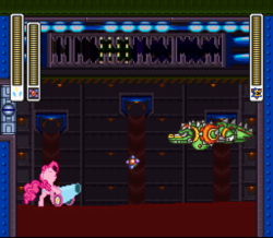 Size: 512x446 | Tagged: safe, artist:mega-poneo, pinkie pie, g4, crossover, desktop ponies, fight, magnet mine, megaman x, megaman x2, mockup, party cannon, pixel art, sprite, video game, wheel gator