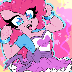 Size: 1000x1000 | Tagged: safe, artist:fazzfuck, pinkie pie, earth pony, anthro, g4, breasts, busty pinkie pie, clothes, earth, equestria girls outfit, eyelashes, eyeliner, female, makeup, mare, smiling, solo