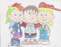 Size: 3292x2532 | Tagged: safe, rainbow dash, oc, oc:ian, human, equestria girls, g4, baseball cap, boots, charles m schulz, clothes, high res, hoodie, humanized, lana loud, overalls, peanuts, shirt, shoes, sketch, skirt, socks, style emulation, the loud house, traditional art, wristband