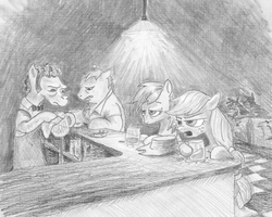 Size: 1112x889 | Tagged: safe, artist:t72b, derpibooru exclusive, applejack, rainbow dash, earth pony, pegasus, pony, alcohol, annoyed, ashtray, background pony, bar, barney gumble, cider, cigarette, crossover, dark, depressed, drunk, moe syzlak, monochrome, ponified, sitting, the simpsons, traditional art