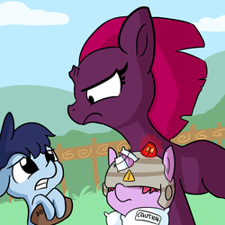 Size: 1650x1650 | Tagged: safe, artist:tjpones, fizzlepop berrytwist, tempest shadow, oc, oc:puffpad, pony, unicorn, my little pony: the movie, american football, angry, armor, bipedal, broken horn, caution sign, colt, daughter, exclamation point, female, filly, floppy ears, frown, glare, gritted teeth, helicopter parents, helmet, hidden eyes, hoof hold, horn, male, mama bear, mare, mother, mother and daughter, overprotective, parent:tempest shadow, pillow armor, protecting, sports