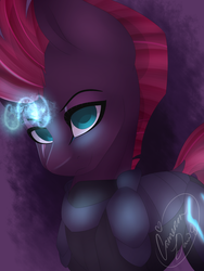 Size: 1000x1333 | Tagged: safe, artist:jacobdawz, tempest shadow, g4, my little pony: the movie, broken horn, female, glowing horn, horn, signature, smiling, solo