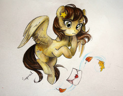 Size: 1280x997 | Tagged: safe, artist:sapraitlond, oc, oc only, pegasus, pony, female, leaf, letter, mare, simple background, solo, traditional art, white background