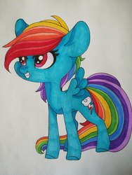 Size: 992x1322 | Tagged: safe, artist:aliceub, rainbow dash, pegasus, pony, g4, female, filly, filly rainbow dash, grin, mare, simple background, smiling, solo, spread wings, traditional art, white background, wings, younger
