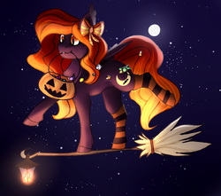 Size: 2345x2077 | Tagged: safe, artist:hazardous-jackdawze, oc, oc only, oc:hallows night, bat pony, pony, balancing, bow, broom, candy, clothes, commission, female, flying, flying broomstick, food, hair bow, halloween, high res, holiday, jack-o-lantern, lamp, mare, mouth hold, night, pumpkin, pumpkin bucket, sky, socks, solo, stars, striped socks, ych result