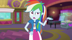Size: 1280x718 | Tagged: safe, screencap, rainbow dash, equestria girls, equestria girls specials, g4, mirror magic, cinema, clothes, female, geode of super speed, magical geodes, open mouth, skirt, solo, theater, wristband