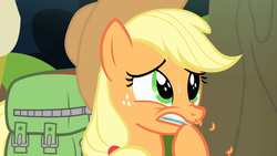 Size: 1280x720 | Tagged: safe, screencap, applejack, earth pony, pony, g4, season 4, somepony to watch over me, backpack, biting, concerned, female, hoof biting, hooves, mare, nervous, solo, sweat, teeth, worried