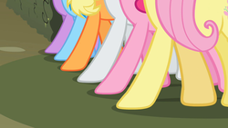 Size: 1280x720 | Tagged: safe, screencap, applejack, fluttershy, pinkie pie, rainbow dash, rarity, twilight sparkle, g4, the return of harmony, hooves, legs, mane six, march, pictures of legs