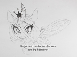 Size: 1145x851 | Tagged: safe, artist:lolopan, queen chrysalis, changeling, g4, female, grayscale, looking at you, monochrome, pencil drawing, simple background, solo, traditional art, white background
