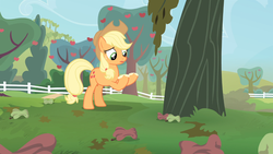 Size: 1366x768 | Tagged: safe, screencap, applejack, earth pony, pony, bats!, g4, apple, apple tree, female, food, hooves, leaves, mare, out of context, rotten apple, solo, sweet apple acres, tree