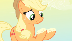 Size: 1366x768 | Tagged: safe, screencap, applejack, earth pony, pony, bats!, g4, dawn, female, frown, hooves, mare, out of context, solo, upset