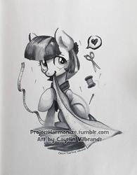 Size: 921x1179 | Tagged: safe, artist:pixel-prism, coco pommel, earth pony, pony, g4, female, grayscale, heart, looking at you, mare, measuring tape, monochrome, mouth hold, needle, pencil drawing, pictogram, scissors, simple background, solo, thread, traditional art, white background