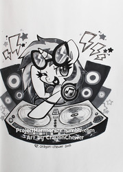 Size: 827x1157 | Tagged: safe, artist:crayon-chewer, dj pon-3, vinyl scratch, pony, unicorn, g4, female, headphones, looking at you, mare, one eye closed, pencil drawing, simple background, solo, speaker, starry eyes, sunglasses, traditional art, turntable, white background, wingding eyes, wink