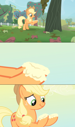 Size: 1366x2304 | Tagged: safe, edit, edited screencap, screencap, applejack, earth pony, pony, bats!, g4, apple, apple core, bliss, dawn, female, food, hooves, rotten apple, screencap comic, solo, sweet apple acres, tree