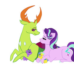 Size: 1024x890 | Tagged: safe, artist:arirain, starlight glimmer, thorax, oc, changedling, changeling, pony, unicorn, g4, female, glimax, king thorax, lidded eyes, looking at each other, male, offspring, parent:starlight glimmer, parent:thorax, parents:glimax, prone, shipping, simple background, smiling, straight, unshorn fetlocks, white background