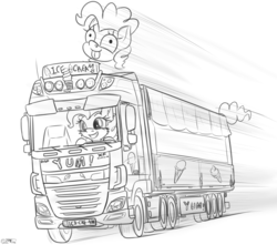 Size: 2500x2213 | Tagged: safe, artist:orang111, pinkie pie, g4, daf, doodle, driving, high res, ice cream truck, monochrome, semi truck, sweet tooth (twisted metal), truck