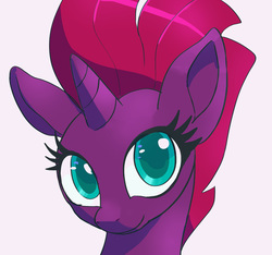 Size: 666x624 | Tagged: safe, artist:grissaecrim, fizzlepop berrytwist, tempest shadow, pony, unicorn, g4, my little pony: the movie, bust, cute, female, filly, filly tempest shadow, looking at you, portrait, simple background, smiling, solo, tempestbetes, younger