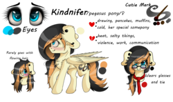 Size: 2238x1327 | Tagged: safe, artist:kindny-chan, oc, oc only, oc:kindnifer, pegasus, pony, blushing, female, glasses, mare, necktie, reference sheet, solo, we bought two cakes