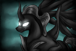 Size: 2635x1777 | Tagged: dead source, safe, artist:not-ordinary-pony, pony of shadows, alicorn, pony, g4, shadow play, adorabolical, cute, darkness, glowing eyes, male, shadorable, smiling, solo, stallion, white eyes