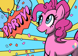 Size: 1200x861 | Tagged: safe, artist:amy-mist, pinkie pie, earth pony, pony, g4, balloon, female, modern art, onomatopoeia, pop art, solo, sunburst background