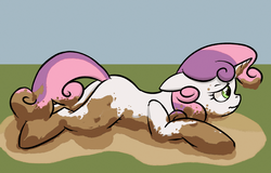 Size: 1280x819 | Tagged: safe, artist:replacer808, sweetie belle, pony, unicorn, g4, dirty, female, filly, mud, muddy, puddle, simple background