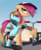 Size: 2285x2816 | Tagged: safe, artist:php69, rainbow dash, scootaloo, g4, age swap, duo, female, filly, filly rainbow dash, high res, older, role reversal, scooter, skateboard, tattoo, younger