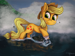 Size: 3000x2253 | Tagged: safe, artist:ferasor, applejack, earth pony, pony, g4, aircraft carrier, cowboy hat, female, freckles, giant pony, hat, high res, jet, jet fighter, macro, mare, stetson, water